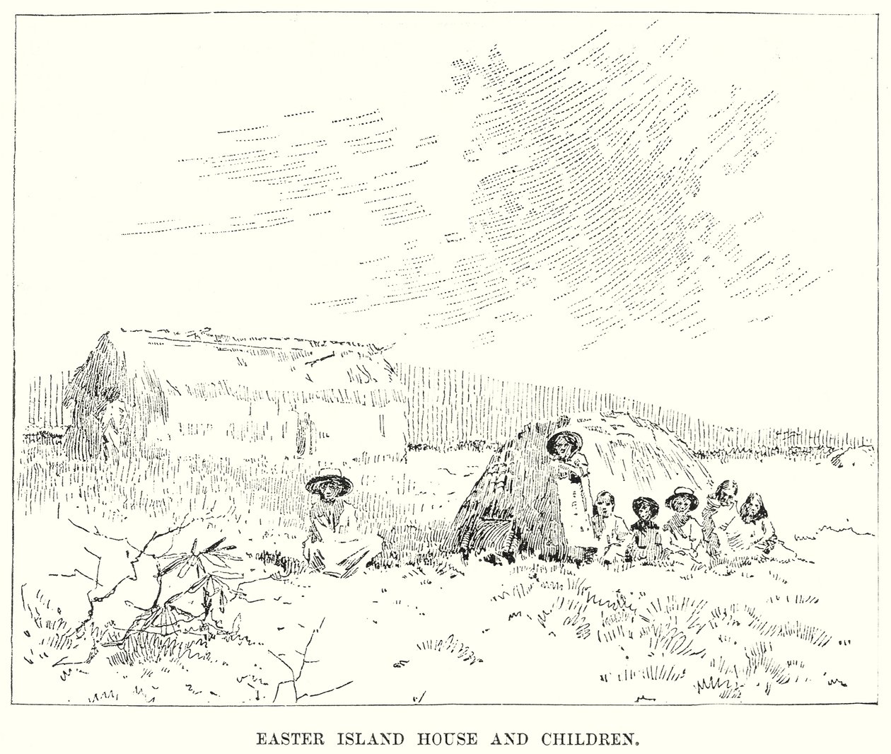Casa e crianças da Ilha da Páscoa (gravura) de English School