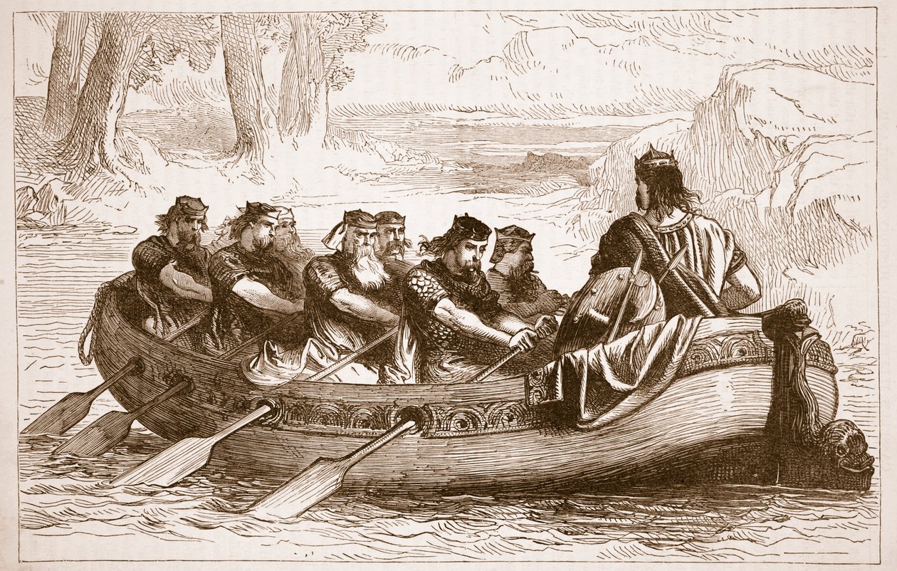 Edgar, o Pacífico, sendo remado pelo rio Dee por Oito Príncipes Tributários, ilustração da História Ilustrada de Cassells da Inglaterra (foto sépia) de English School