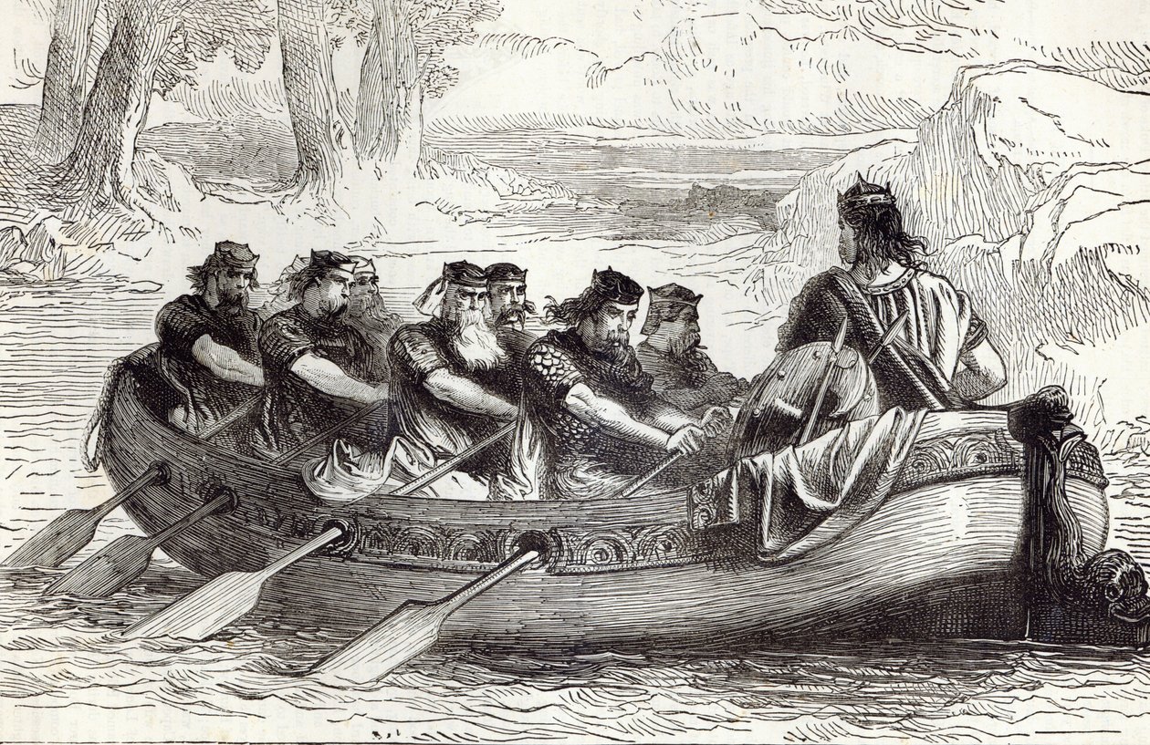 Edgar, o Pacífico, foi remado pelo Rio Dee por Oito Príncipes Tributários, ilustração de &39;História Ilustrada de Cassell da Inglaterra&39; de English School