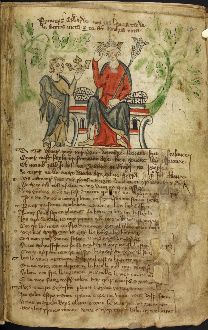 Eduardo II sentado num trono, com o ceptro na mão esquerda, e tocando a sua coroa com a sua mão direita. Uma pequena figura (possivelmente uma personificação do País de Gales) oferece-lhe outra coroa (provavelmente a coroa da Escócia). Pensa-se que a segun de English School