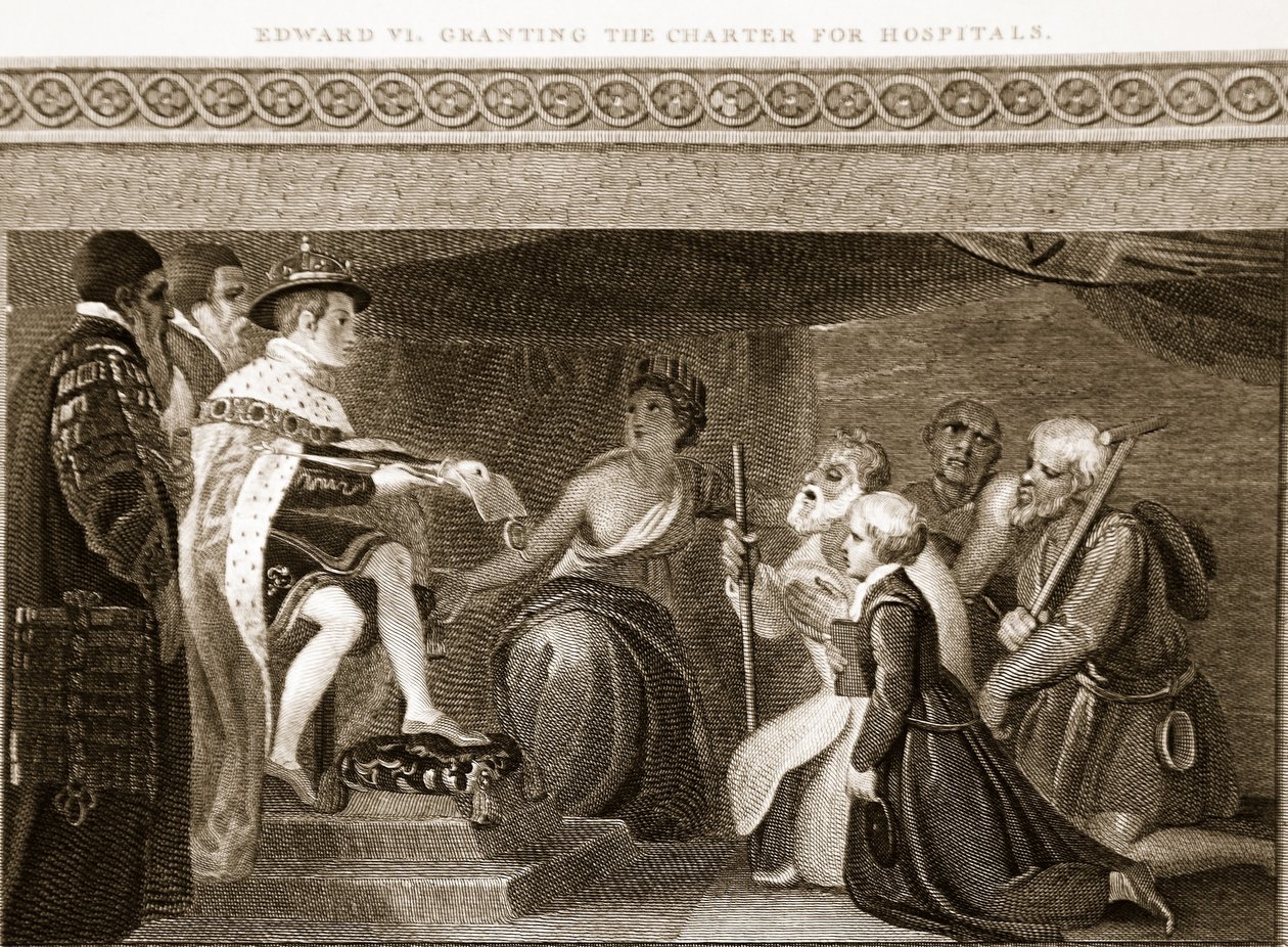 Edward VI concedendo a Carta para Hospitais, ilustração de David Humes A História da Inglaterra, pub. por R. Bowyer, Londres, 1812 88: de English School