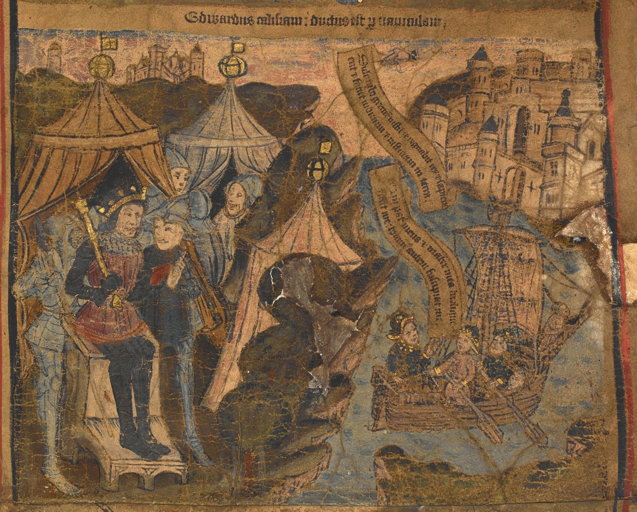 Edward de York, juntamente com os Condes de Salisbury e Warwick partiu para Calais, após a Batalha de Ludford Bridge. Rei Henrique VI olha em triunfo, ilustração de 