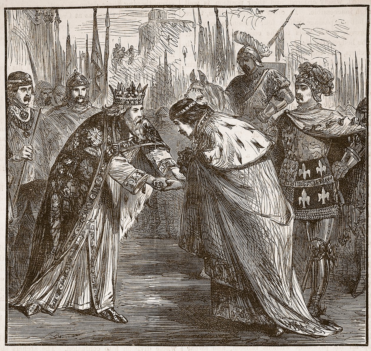 Edward recebendo o rei João da França, ilustração da história ilustrada de Cassells da Inglaterra (foto sépia) de English School