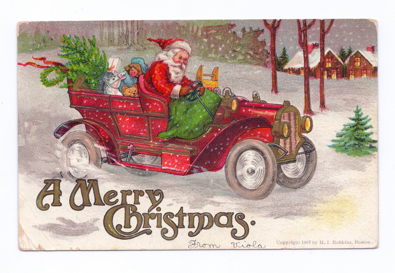 Postal de Natal eduardiano do Pai Natal a conduzir um carro antigo na neve, c.1910 (litografia a cores) de English School