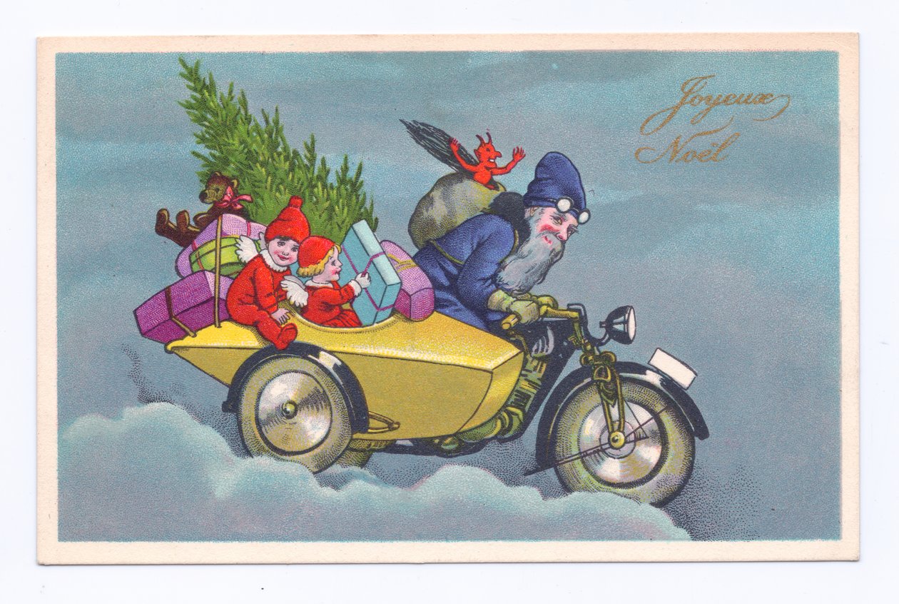Postal de Natal eduardiano do Pai Natal a conduzir uma mota sidecar vintage com crianças e presentes, c.1910 (litografia a cores) de English School