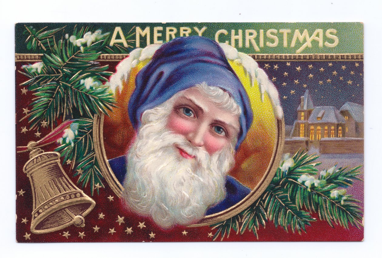 Postal de Natal eduardiano do Pai Natal com azevinho e um sino, c.1910 (litografia a cores) de English School