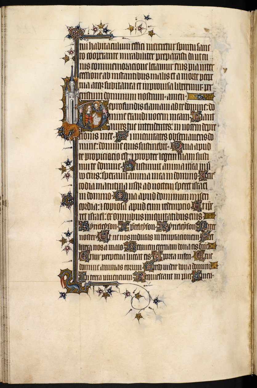 Egerton MS 3277, f.131v, senhora Bohun em oração, com leão marginal e castelo, do 