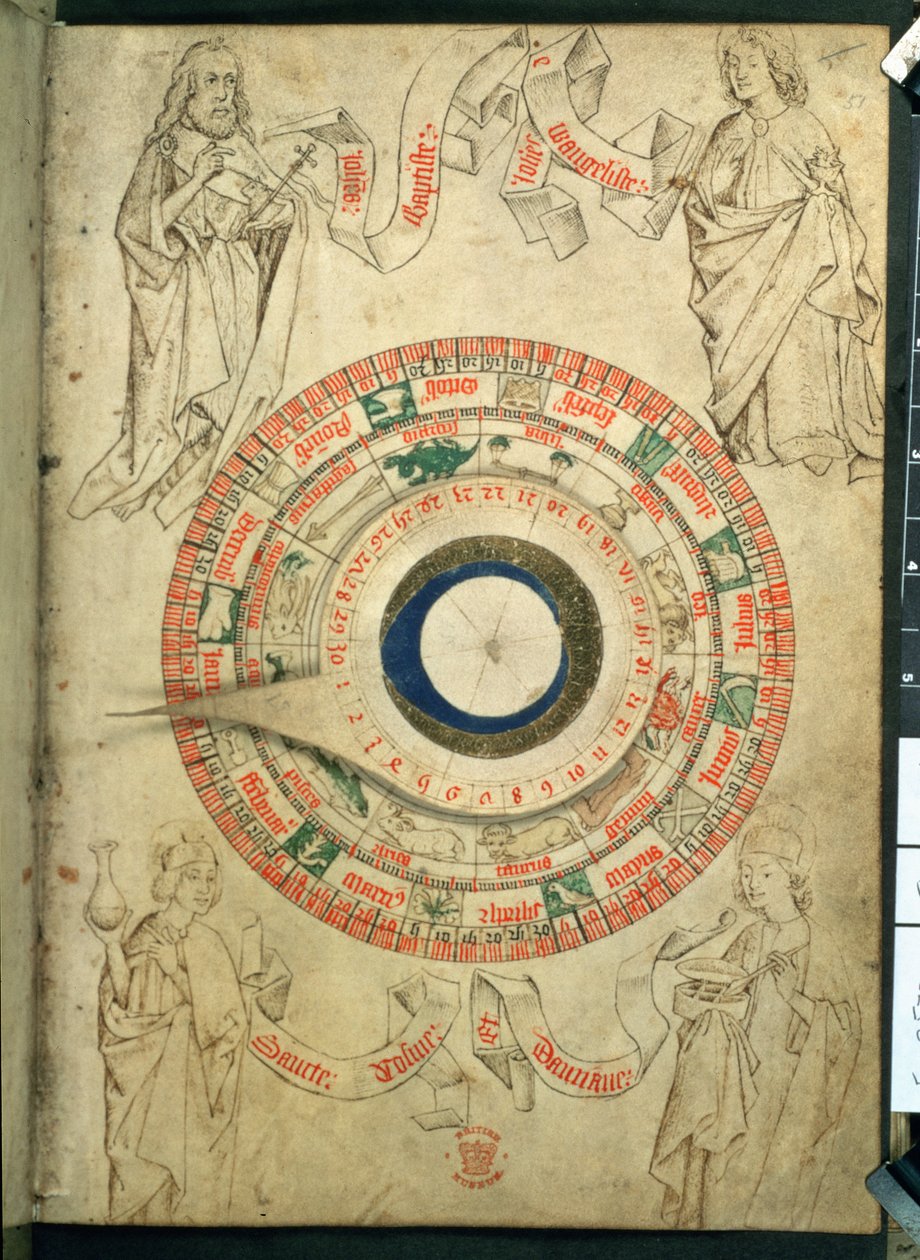 Egerton Sra. 2575 fol.51 A volvelle do Barber-Surgeon, finais do século XV (vellum) de English School