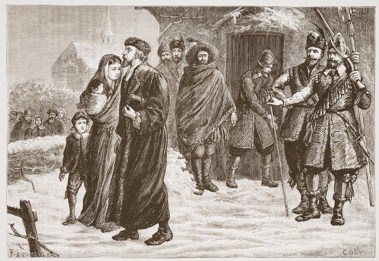 Ejetando um pastor protestante húngaro no tempo de inverno, ilustração da história do protestantismo por James Aitken Wylie (1808-1890), bar. 1878 de English School