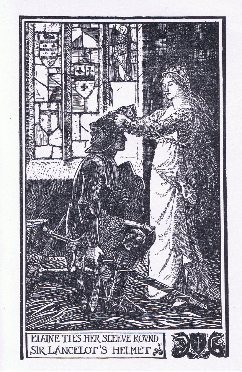 Elaine amarra a manga à volta do capacete de Sir Lancelot, ilustração do 