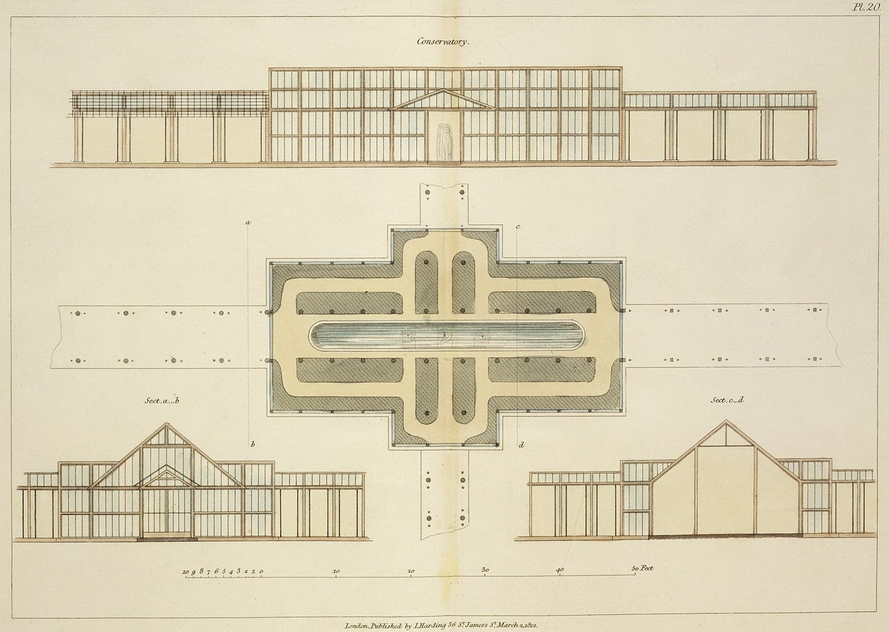 Elevações e planta baixa de uma estufa, de Dicas sobre a Formação de Jardins e Jardins de Prazer de John Claudius Loudon (1783-1843) publicaram 1812 de English School
