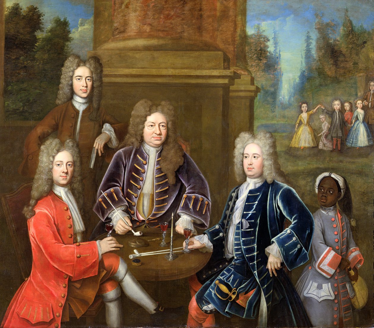 Elihu Yale (1648-1721), o segundo Duque de Devonshire, Lorde James Cavendish, Sr. Tunstal e um Page, c.1708 de English School