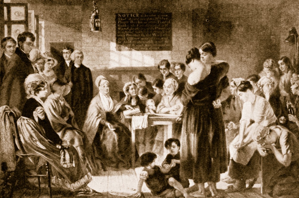 Elizabeth Fry lendo a Bíblia em uma prisão de English School