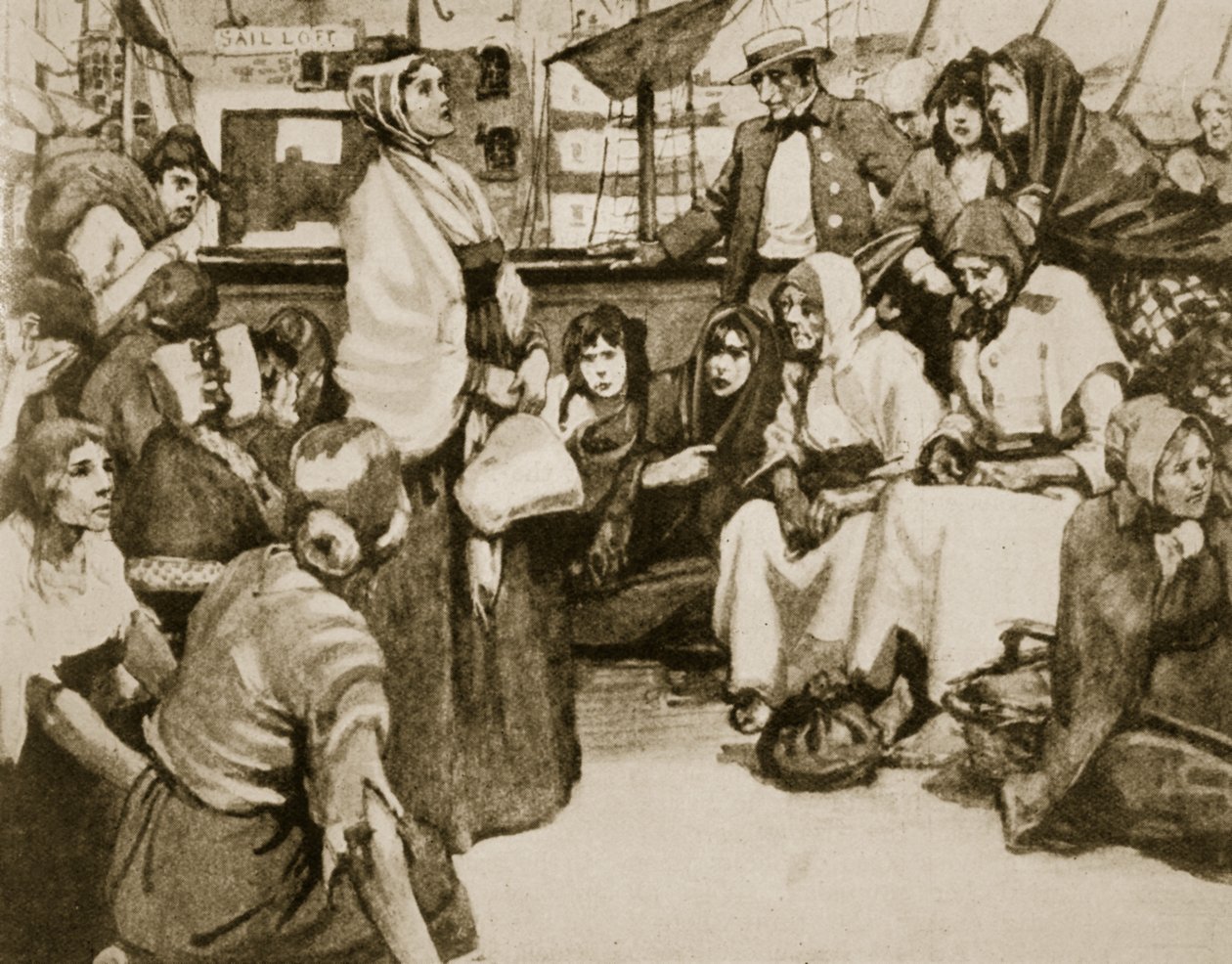 Elizabeth Fry falando com os prisioneiros em um navio condenado de English School