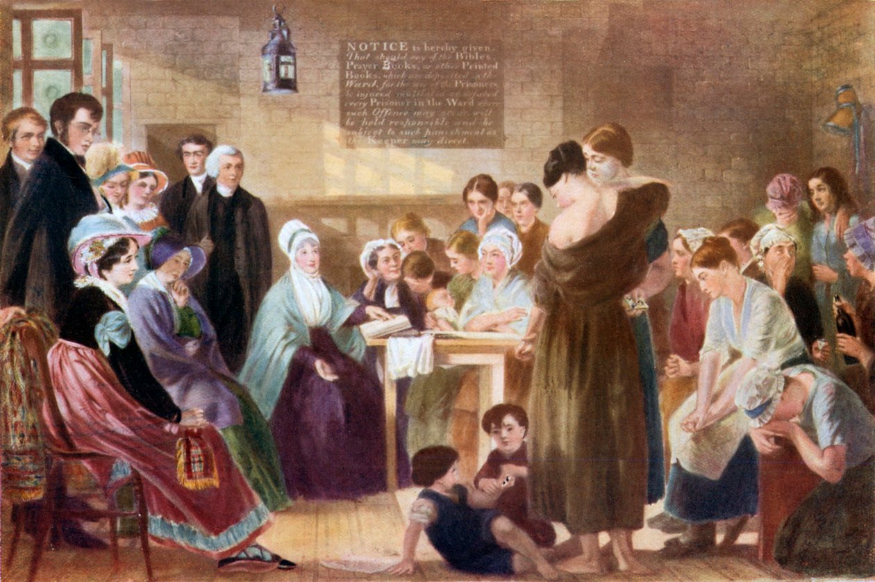 Visita de Elizabeth Fry à prisão de Newgate (litografia a cores) de English School