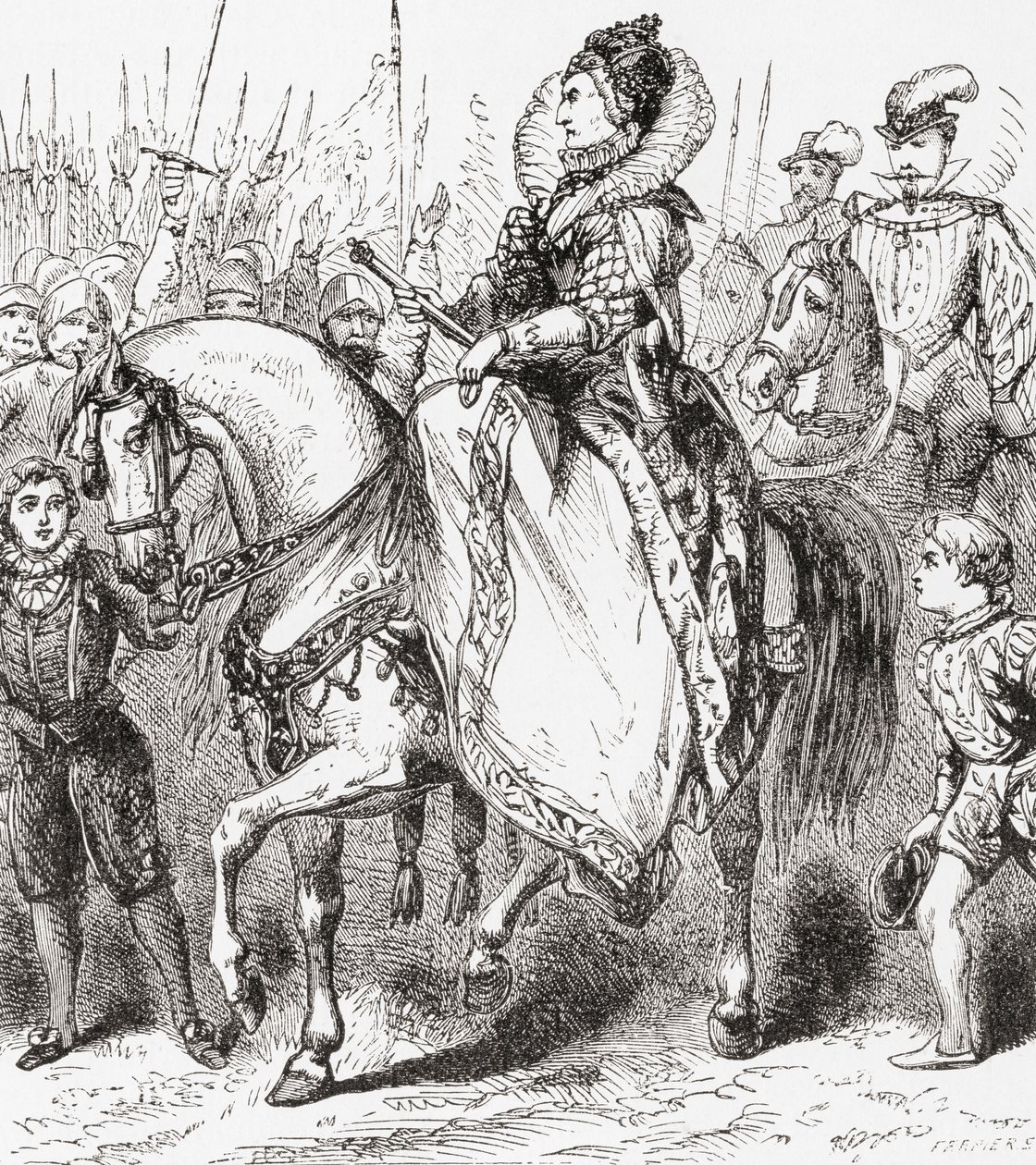 Elizabeth I inspecionando suas tropas em Tilbury Port, 1588, da Ward and Locks Illustrated History of the World, pub. c.1882 de English School