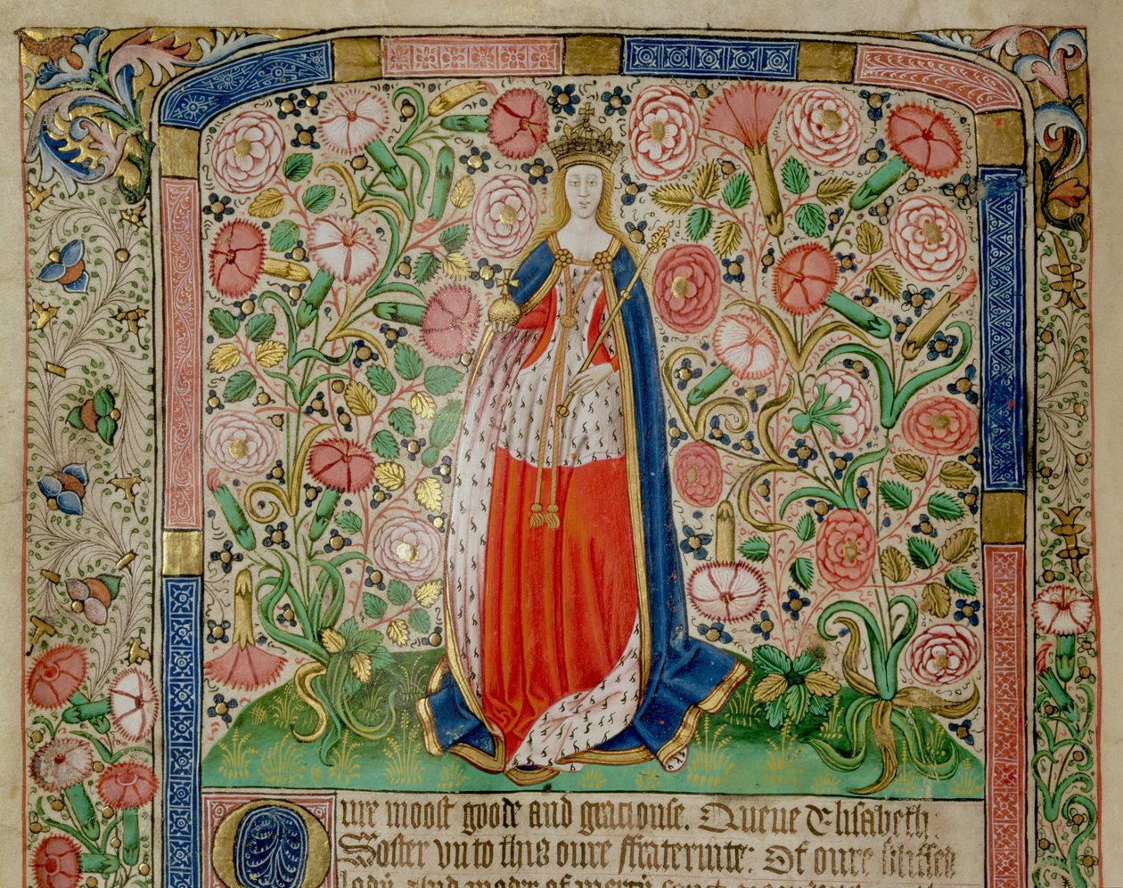 Elizabeth Woodville (c.1437-92) Rainha Consorte do Rei Eduardo IV de Inglaterra (1442-83) (vellum) (detalhe de 70062) de English School