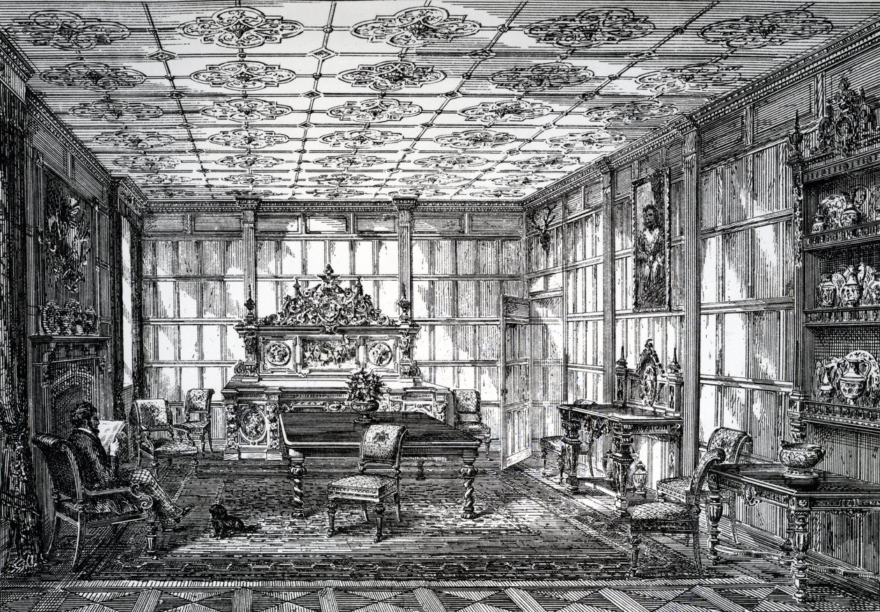 Sala de jantar isabelina, publicada em The House-Furnisher & Decorator, 1º de outubro de 1872 de English School