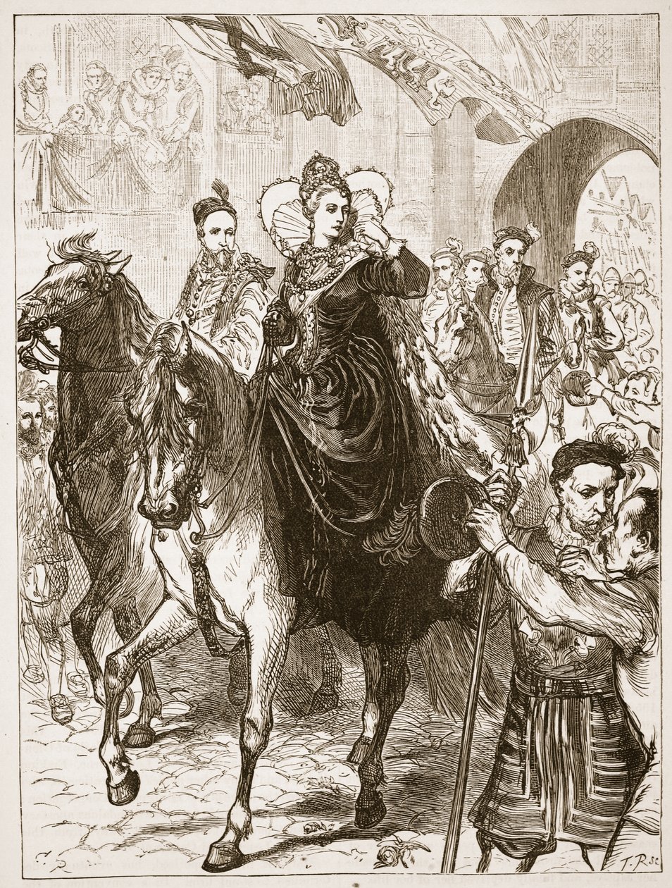 Elizabeths entrada pública em Londres, ilustração de História ilustrada de Cassells da Inglaterra (foto sépia) de English School
