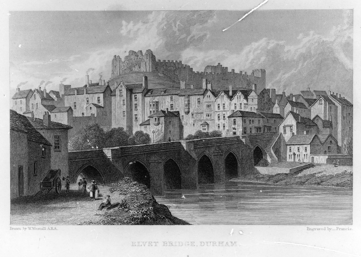 Elvet Bridge, Durham, gravado por Frances depois de W. Westall, 1829 de English School