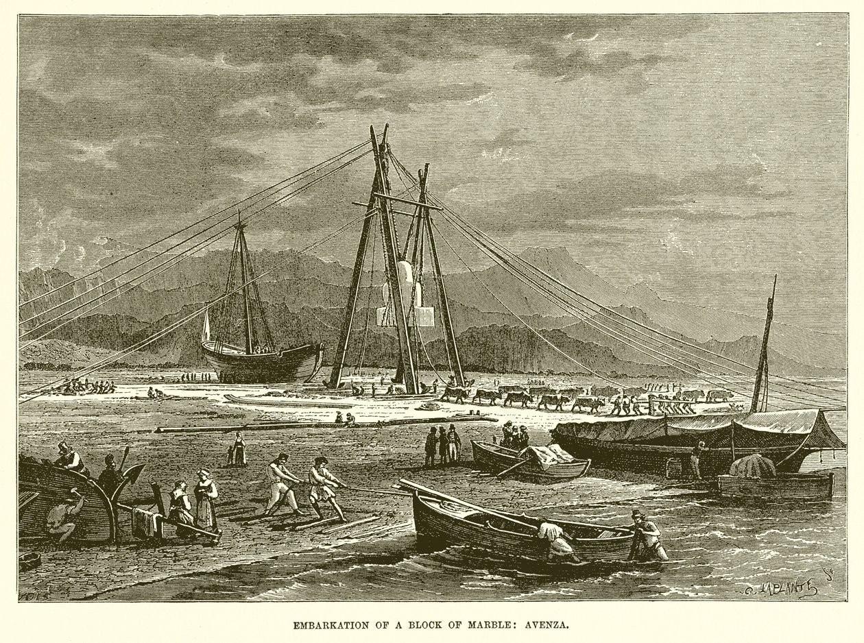 Embarque de um bloco de mármore: Avenza (gravura) de English School
