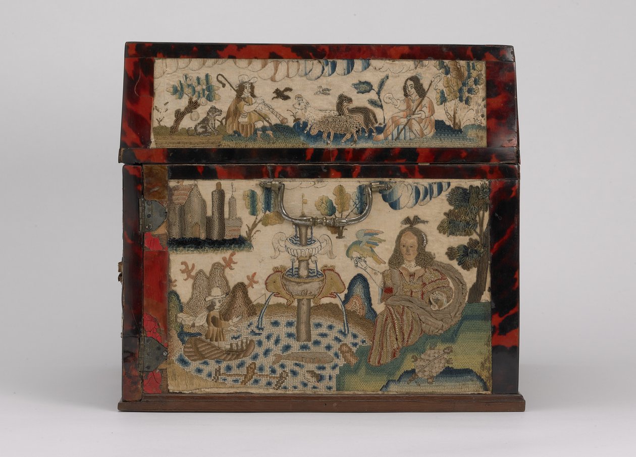 Caixão bordado, c.1660 (seda, tela, madeira, carapaça de tartaruga e montagens prateadas) de English School