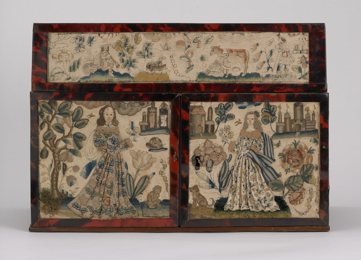 Caixão bordado, c.1660 (seda, lona, madeira, tartaruga e montagens de prata) de English School