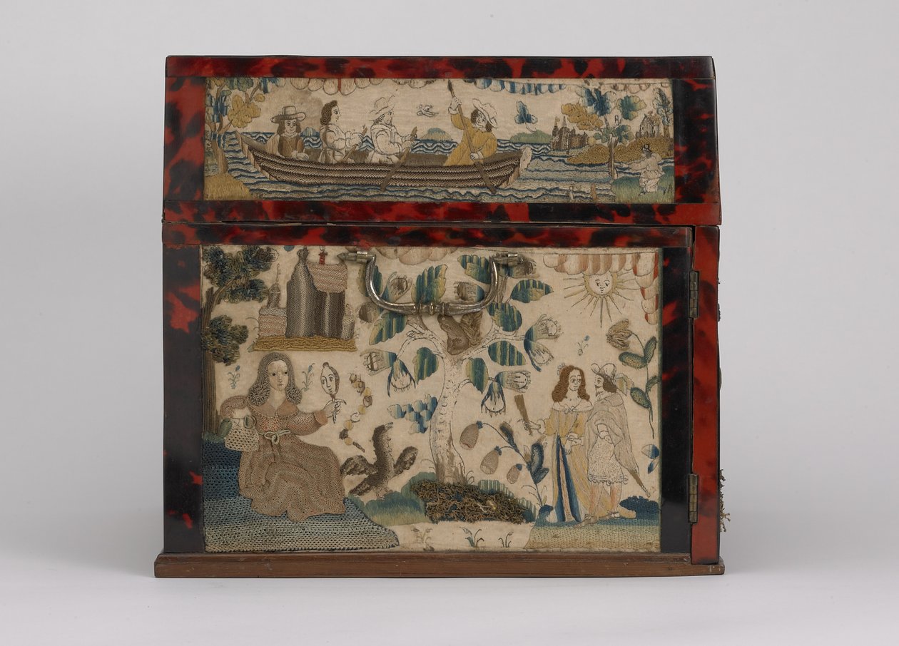 Caixão bordado, c.1660 (seda, lona, madeira, tartaruga e montagens de prata) de English School
