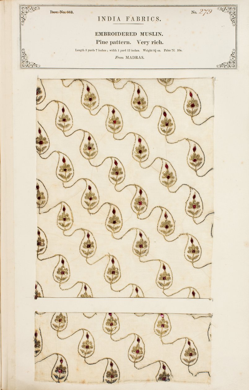 Amostra de musselina bordada de Madras, da Coleção dos Fabricantes Têxteis da Índia, de John Forbes Watson, publicada em 1866 de English School