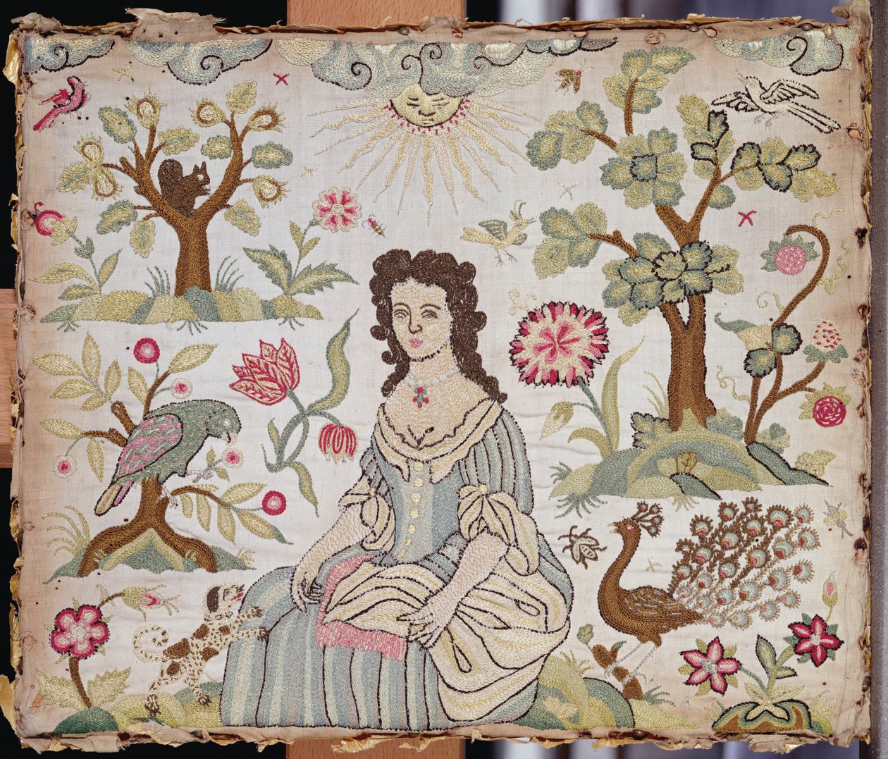 Painel bordado representando uma senhora num jardim, c.1700 (seda) de English School