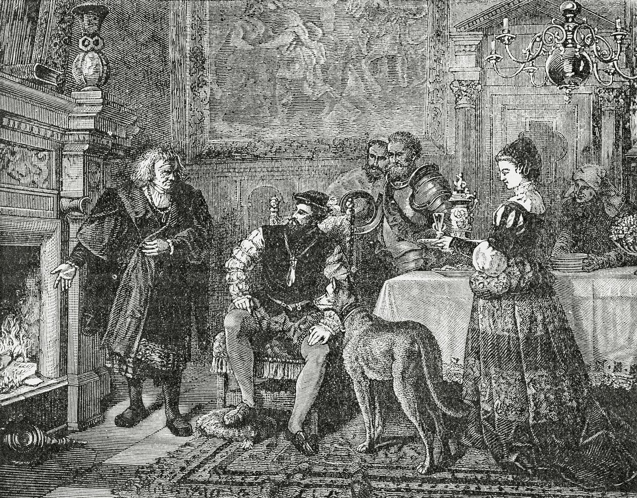 Imperador Charles V visitando os Fuggers, 1882 de English School