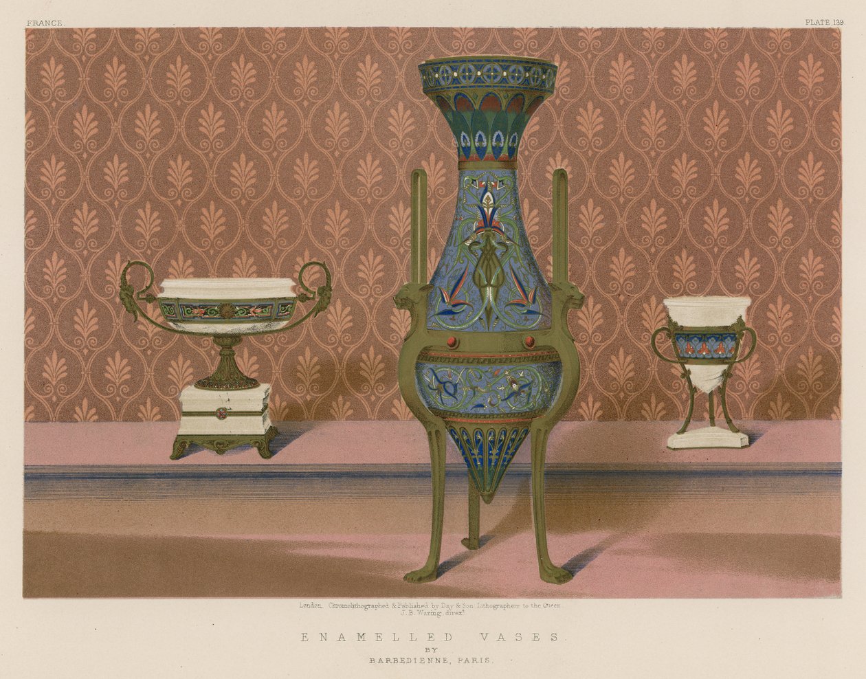 Vasos esmaltados de Barbedienne, Paris (cromolitografia) de English School