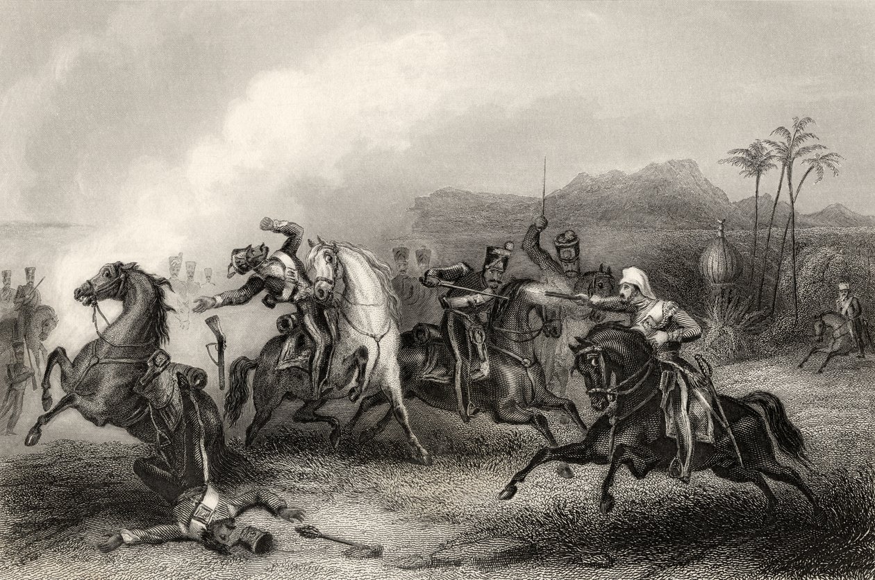 Encontro entre o Tenente Hills e um corpo de Cavalaria Sépia, de "A História do Motim Indiano", publicado em 1858 de English School