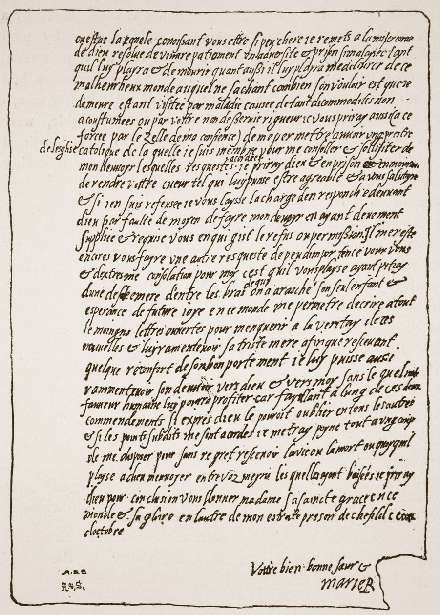 Fim de uma carta à rainha Elizabeth, de Mary, rainha dos escoceses, quando na prisão, pedindo para ter um capelão católico, ilustração da Igreja da Inglaterra: uma história para o povo por HDM Spence-Jo de English School