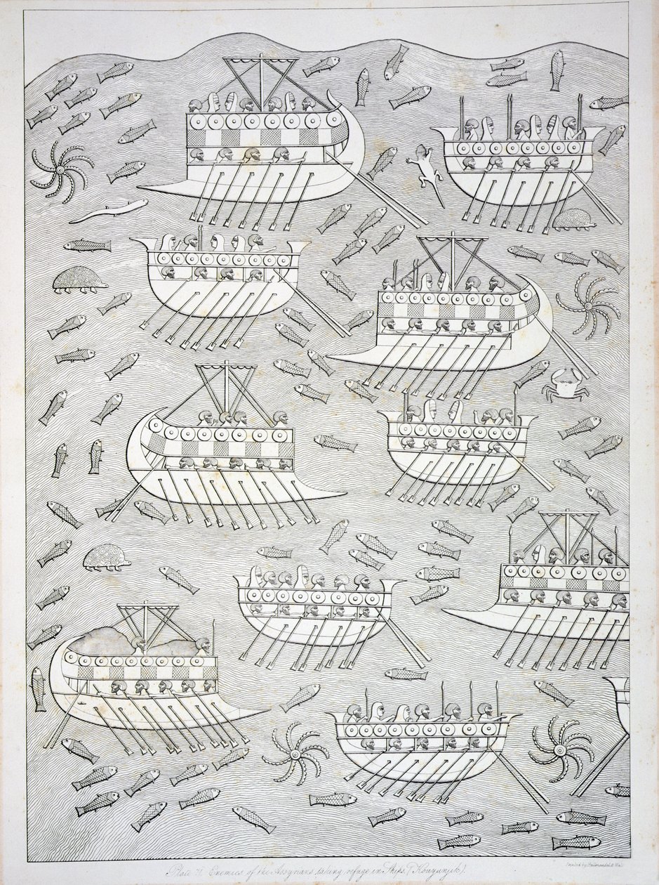 Inimigos dos assírios se refugiando em navios, placa 71 de Nínive e seus restos mortais por Austen Henry Layard (1817-1894) publicado em 1849 de English School