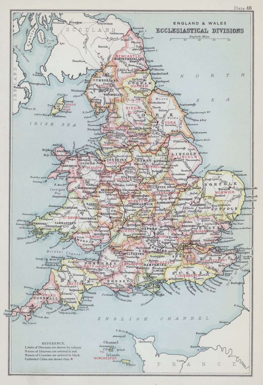 Inglaterra e País de Gales, divisões eclesiásticas (litografia a cores) de English School