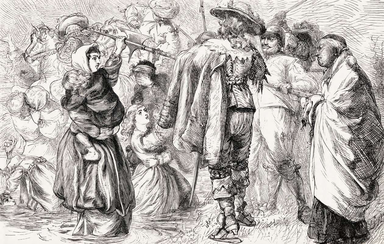 Protestantes ingleses sendo afogados pelos católicos irlandeses durante a rebelião irlandesa de 1641, c.1865 (gravura em madeira) de English School