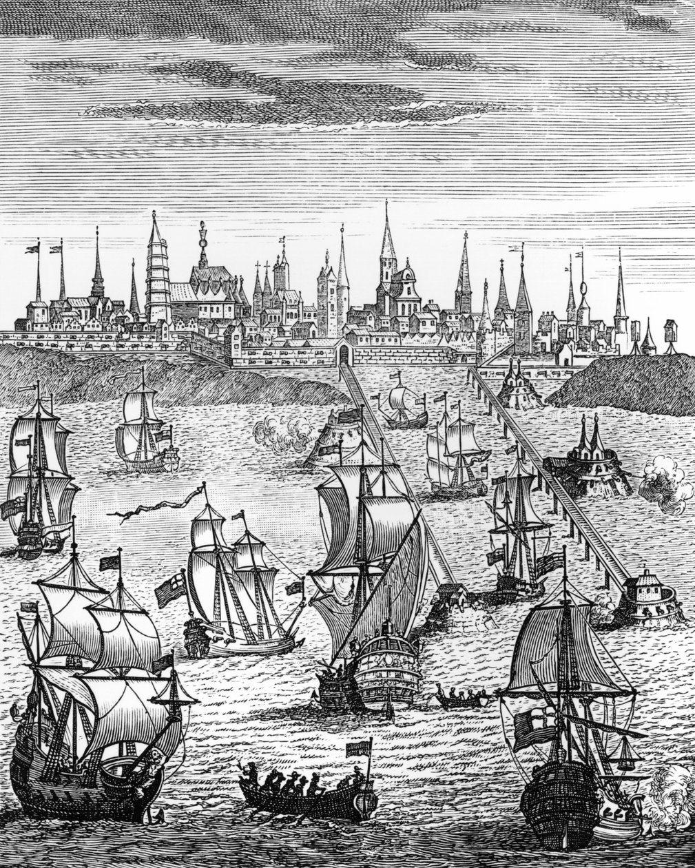 Esquadrão inglês carregando tropas para tomar posse de Dunquerque, de "A História da Rainha Ana (1665-1714)", pub. em 1740 de English School