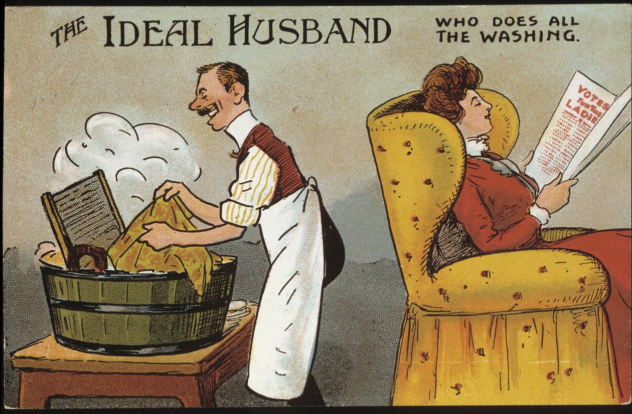 Cartoon inglês (marido ideal): o marido ideal (que lava toda a roupa) - cartão postal, n.d., cerca de 1920. de English School