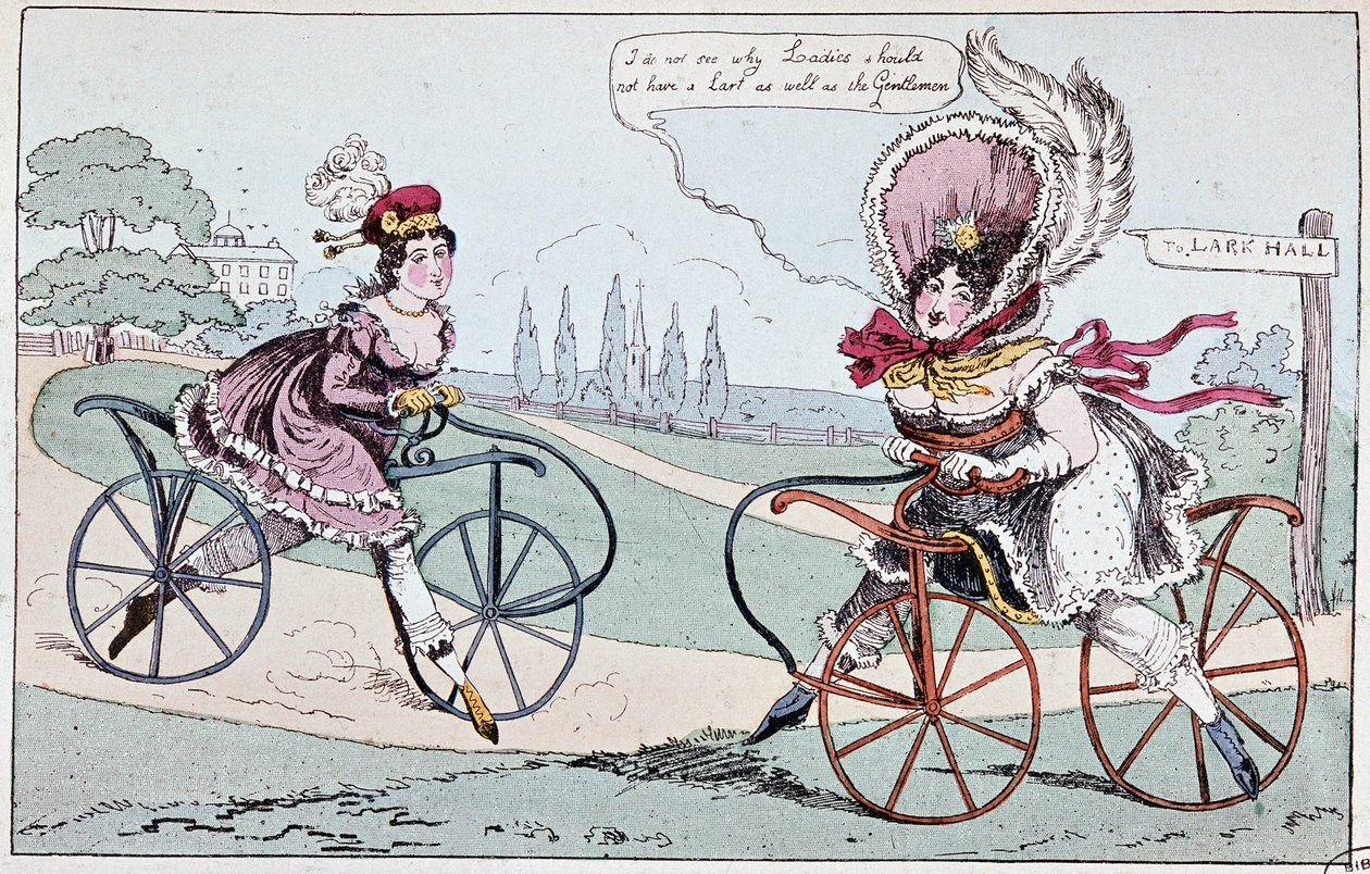 Desenho animado inglês sobre cavalos de hobby em 1819 (primeiras bicicletas) - em "Le cycling théorique et pratique" de Baudry de Saulnier de English School