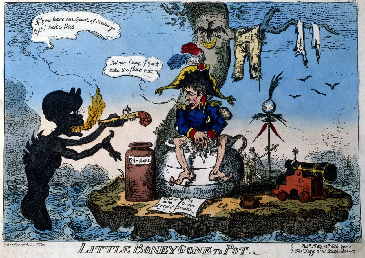 Desenho animado inglês representando o Imperador Napoleão I no exílio na Ilha Elba: sentado no seu novo trono em forma de vaso de câmara, um demônio lhe dá uma pistola se ele tiver coragem de usá-la. Maio de 1814. de English School