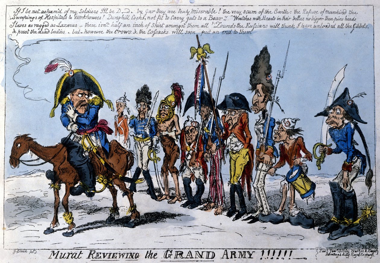 Desenho animado inglês retratando Joachim Murat (1767 - 1815), marechal do Império à cabeça da Grande Armee. Janeiro de 1813. de English School