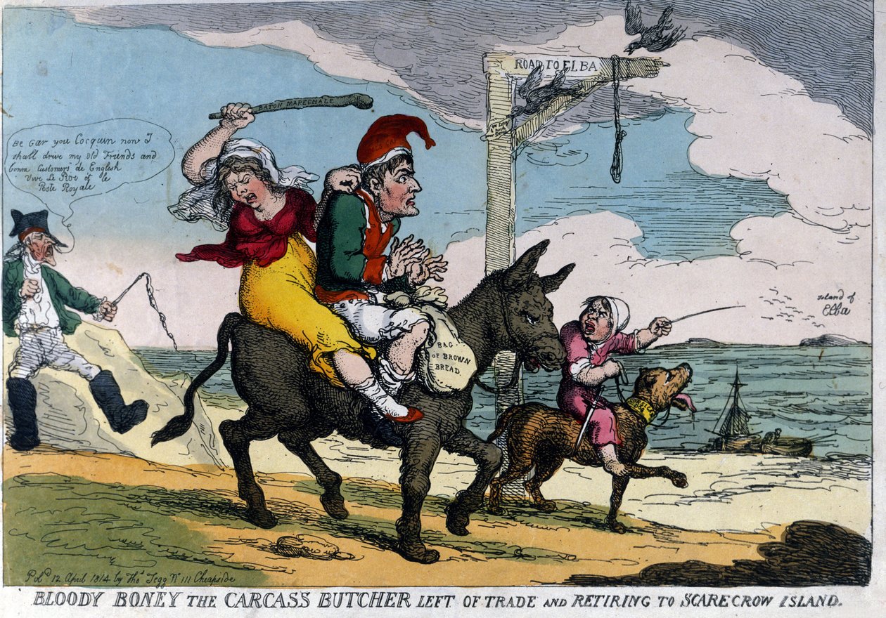 Desenho animado inglês sobre o exílio do Imperador Napoleão I representa em um burro a caminho da Ilha Elba. 04/1814. de English School