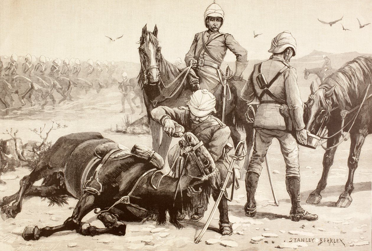 Cavalaria inglesa a dar de beber aos seus cavalos durante a guerra do Mahdist, Sudão, na década de 1880 (litografia) de English School