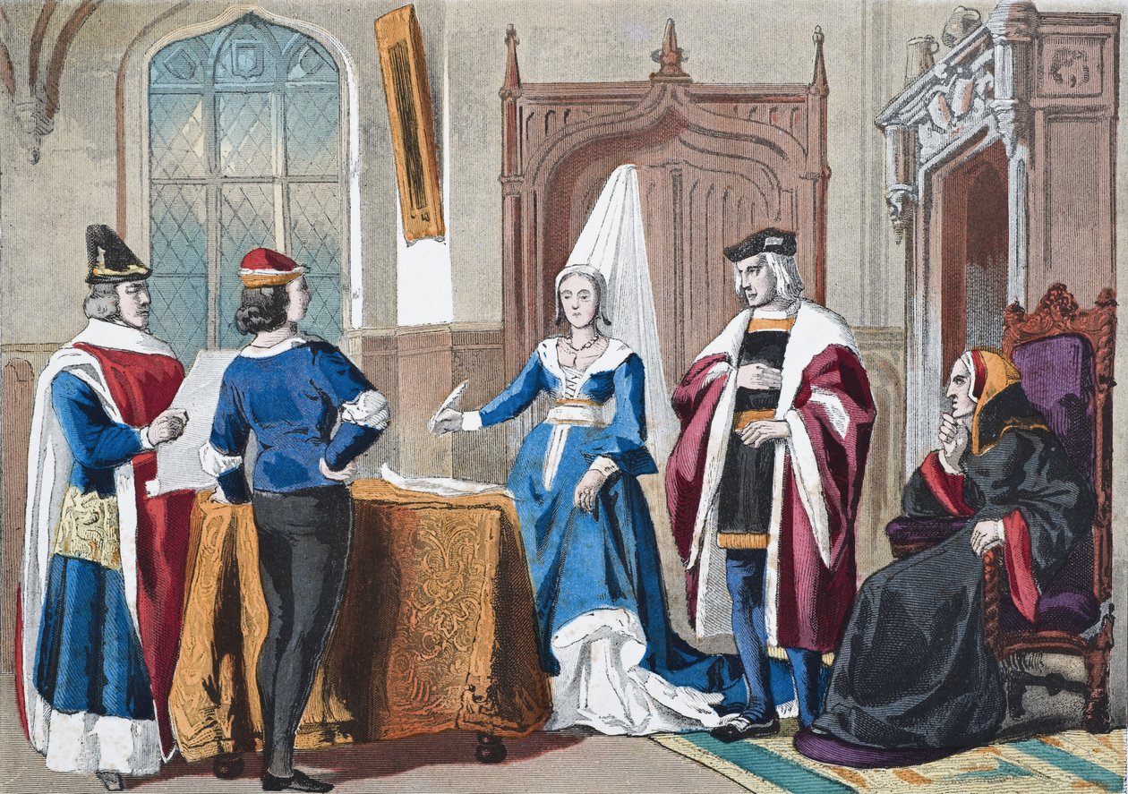 Trajes ingleses do final do século XV, de "A História Nacional e Doméstica da Inglaterra", de William Hickman Smith Aubrey (1858-1916), publicaram Londres, c.1890 de English School