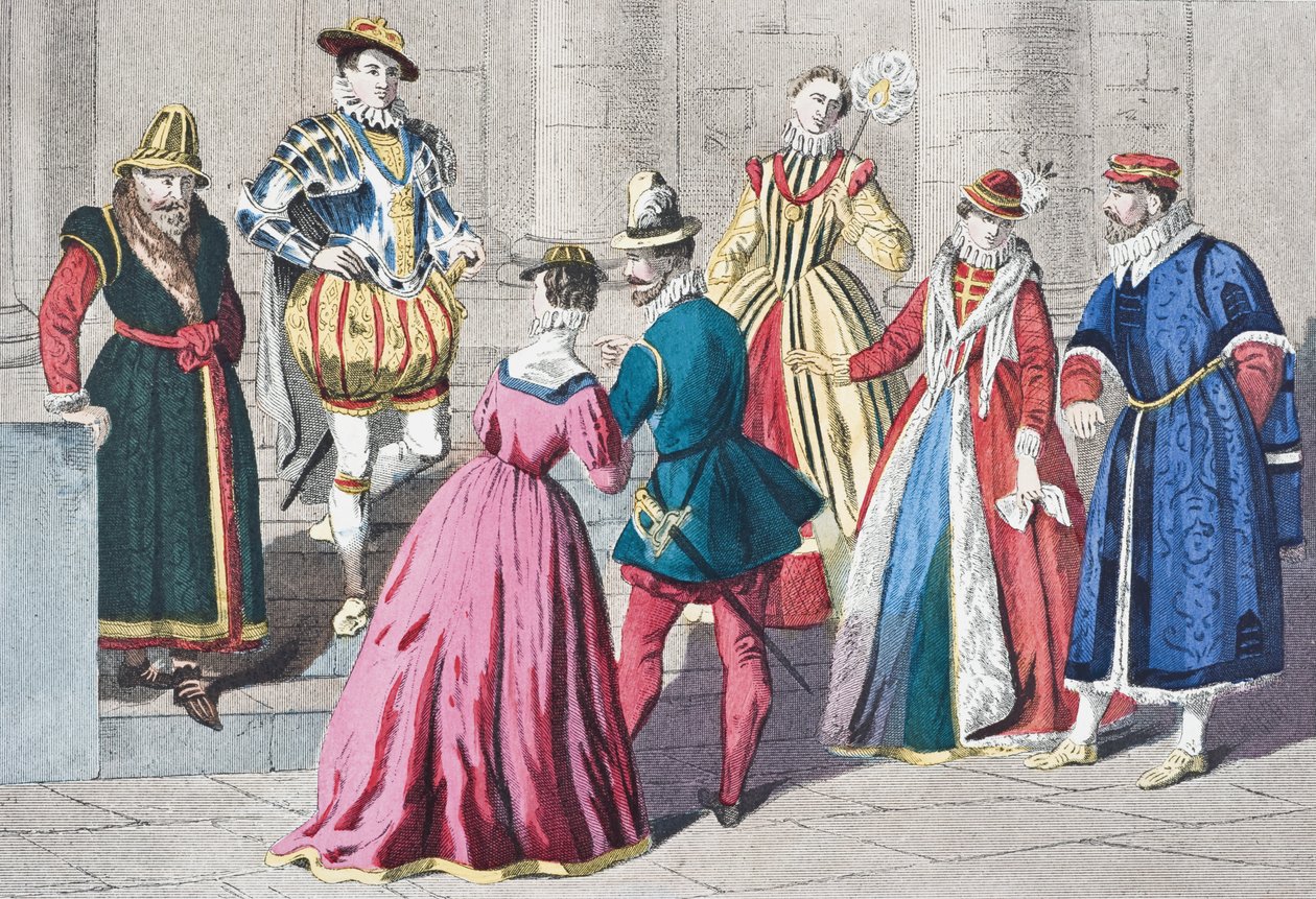 Modas inglesas do século XVI, de "A História Nacional e Doméstica da Inglaterra", de William Hickman Smith Aubrey (1858-1916) publicaram Londres, c.1890 de English School