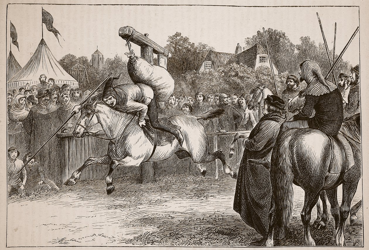 Inglês feliz no século XIV: Inclinando-se no Quintain, ilustração da história ilustrada de Cassells da Inglaterra (foto sépia) de English School
