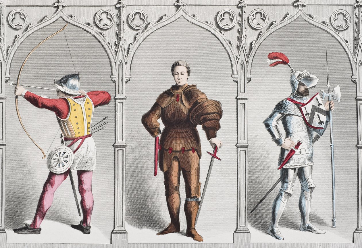 Traje militar inglês em meados do século XV, de The National e Domestic History of England, de William Hickman Smith Aubrey (1858-1916), publicado em Londres, c.1890 de English School