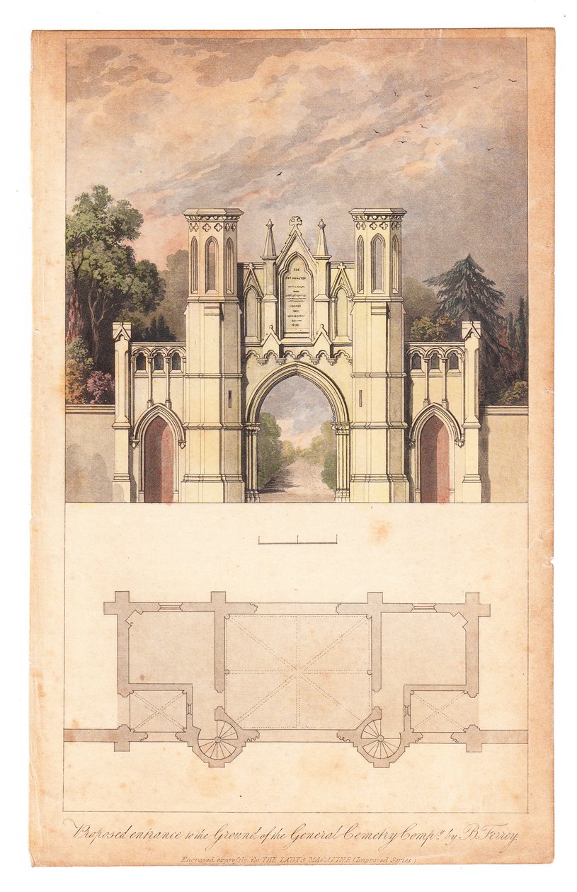 Entrada para o Cemitério Highgate publicado pela The Lady Magazine, por volta de 1839. de English School