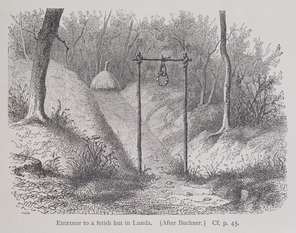 Entrada para uma cabana fetichista em Lunda, de The History of Mankind, Vol.1, pelo Prof. Friedrich Ratzel, 1896 de English School